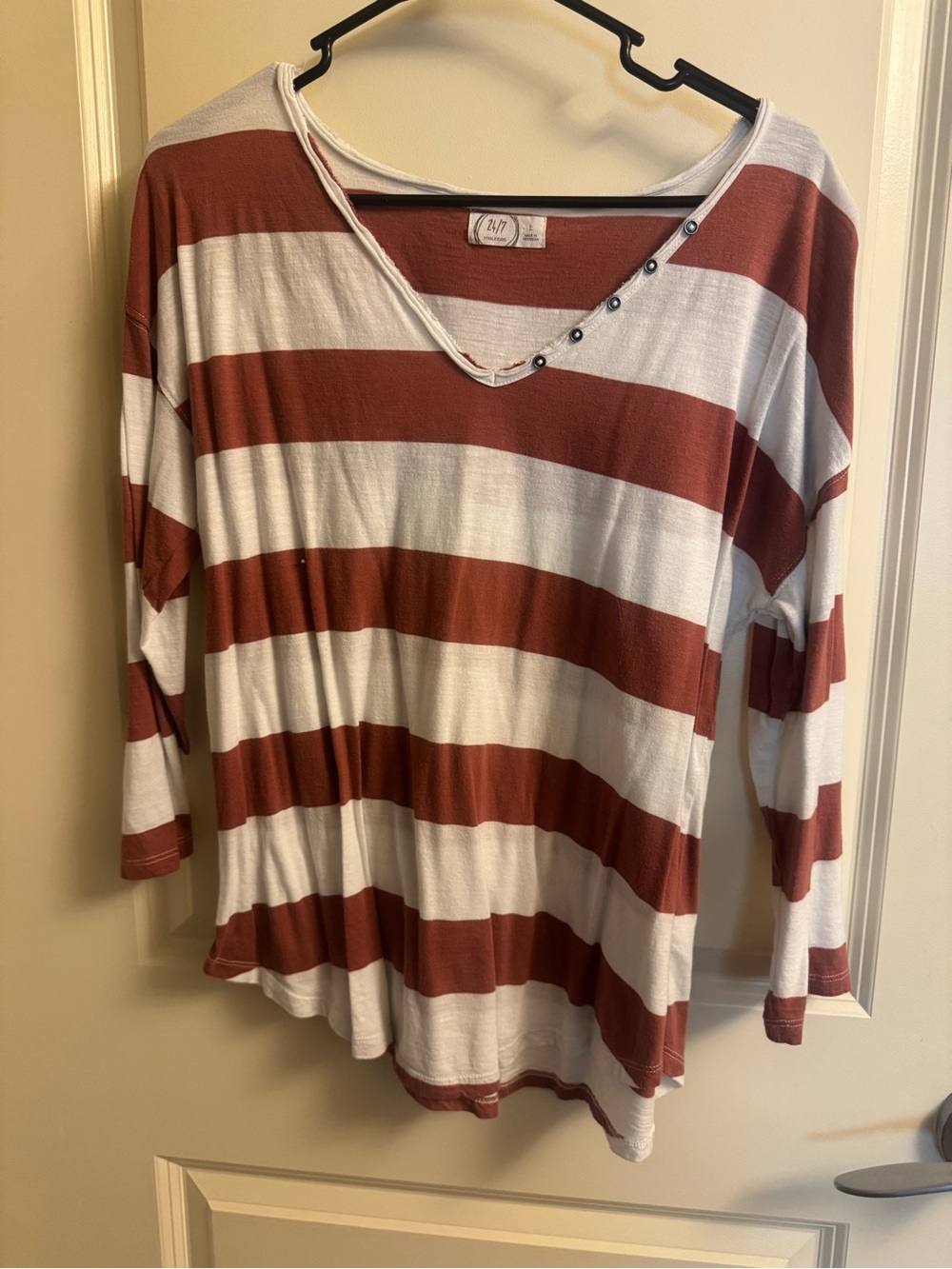 Maurices Rust And White Striped V-Neck Long Sleeve Top